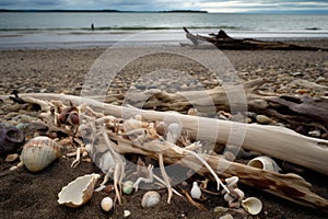 seashore with driftwood and shells, ready for beachcombing adventures