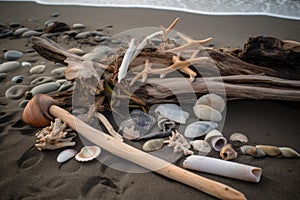 seashore with driftwood and shells, ready for beachcombing adventures