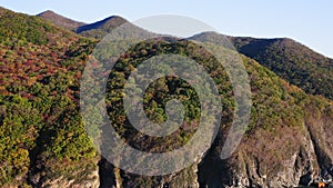 Seashore with green, yellow, red tree crowns in deciduous forest in autumn