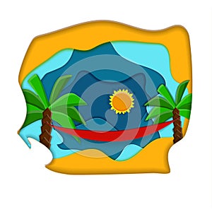 Seashore landscape. Paper cut bright vector illustration. Sun, palm trees, hammock and sand.