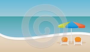 Seashore with parasol and hammock. Beach landscape. Vector illustration, flat design