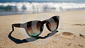 On the seashore\'s sand, there are black sunglasses.