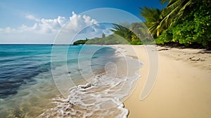Seashore serenade, scenic tropical beach, lush tree line, and serenading sea waves