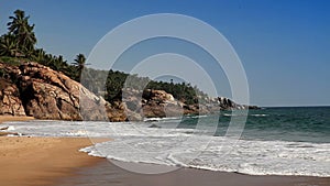 The seashore with stones and palm trees. India