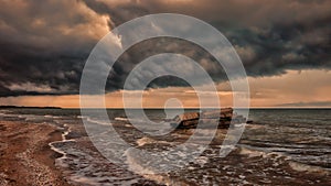Seashore stormed with dramatic clouds, nature