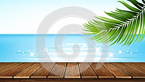 Seashore Wooden Pier, Sea And Tree Branch Vector