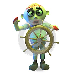 Seasick undead zombie monster is steering his ship to calmer waters, 3d illustration