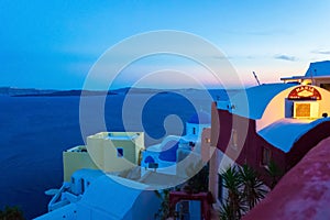 Rooftops evening view of Oia and Caldera Santorini Greece