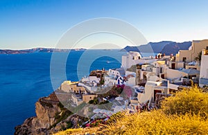 Scenic view of Oia town Santorini and Caldera seascape Greece