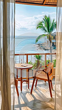 Seaside Balcony View with Curtains..Serene scene overlooking tranquil sea