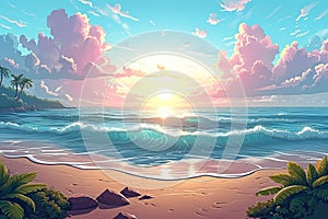 Seaside bliss Cartoon ocean, waves, sun, and clouds in sky