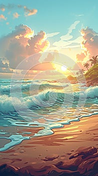 Seaside bliss Cartoon ocean, waves, sun, and clouds in sky