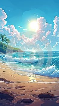 Seaside bliss Cartoon ocean, waves, sun, and clouds in sky