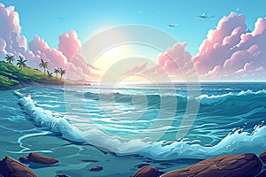 Seaside bliss Cartoon ocean, waves, sun, and clouds in sky