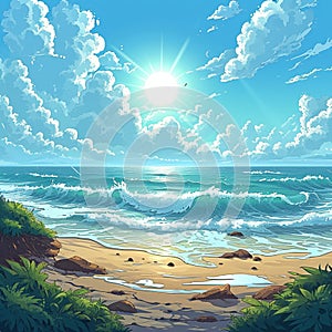 Seaside bliss Cartoon ocean, waves, sun, and clouds in sky