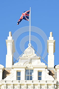 Seaside building with flag waving