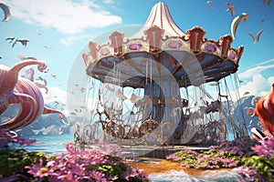 Seaside carnival carousel with intricately. Generative ai