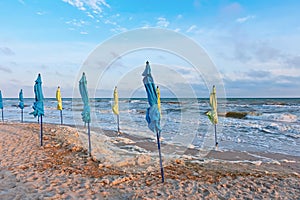 Seaside with closed umbrellas at evening