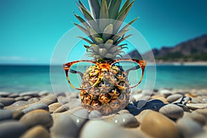 Seaside coolness Sunglasses adorned pineapple on a tropical beach background