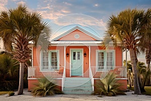 a seaside cottage featuring a coral-colored exterior and palm trees