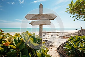 Seaside direction Arrows on wooden sign, beach backdrop, and flourishing plant