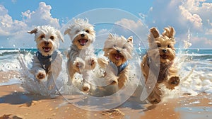 Seaside Frolic Joyous Canines Capturing the Spirit of the Shore a Chibi mini schnauzer, a white bichon fris, a brown French