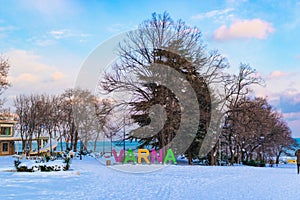 Seaside garden Varna covered with snow Bulgaria