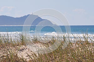 Seaside grass with surf and lighthouse
