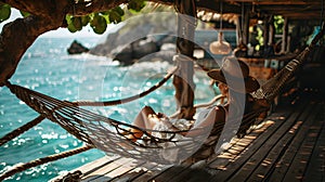 Seaside Hammock Relaxation. Created with Generative AI