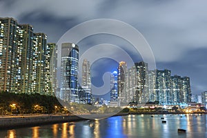 High rise residential building in Hong Kong city at night