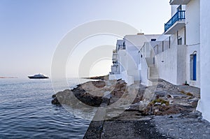 Seaside houses in Naoussa village, Paros island, Cyclades, Greece