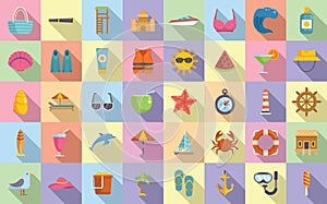 Seaside icons set flat vector. Summer sea