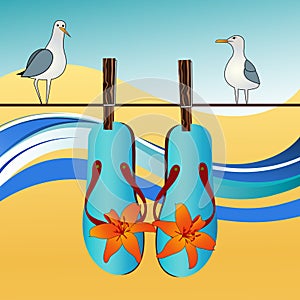 Seaside landscape with gulls and flipflops