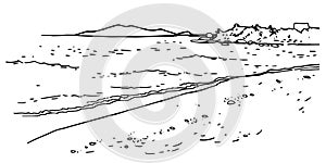 Seaside landscape. Hand drawn vector ink illustration. Black on white background