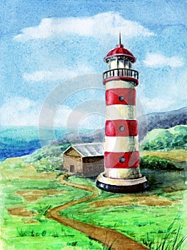 Seaside landscape with lighthouse. watercolor painting of lighthouse at seashore. seascape with red striped beacon on cliff,