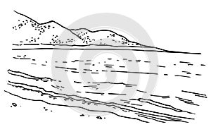 Seaside landscape with mountains. Hand drawn vector ink illustration. Black on white background