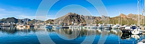 Seaside landscape panorama of Port de Pollenca marina harbor on Majorca island, Spain