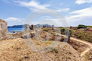 Seaside landscape with panoramic view of Methoni Castle a medieval fortification in the port town of Methoni, Messinia Peloponnese