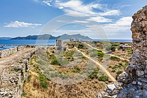 Seaside landscape with panoramic view of Methoni Castle a medieval fortification in the port town of Methoni, Messinia Peloponnese