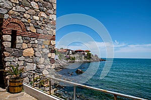 Seaside landscape - part of a fortress tower in Sozopol, Bulgaria