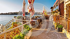 Seaside landscape - view from the cafe on the embankment in the town of Sozopol