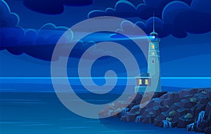 Seaside landscape with white lighthouse on shore and building for lighthouse keeper at night