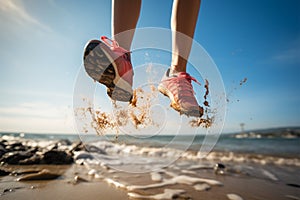 Seaside leap Womans feet in mid air, expressing beach bound exuberance