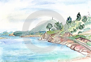 seaside mediterranean landscape with hills watercolor drawing