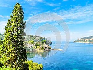 Seaside of the Mediterranean Sea. Landscape of the Cote d`Azur, Villefranche-sur-Mer, France