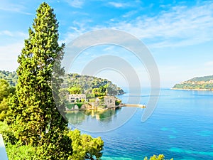 Seaside of the Mediterranean Sea. Landscape of the Cote d`Azur, Villefranche-sur-Mer, France