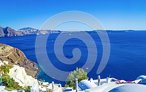 Seaside of Oia town Santorini and Caldera skyline Greece