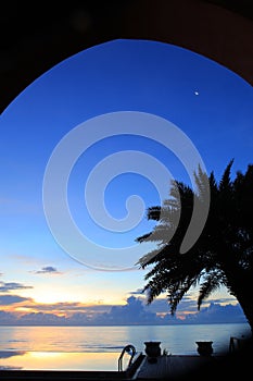 Seaside palm trees with swimming pools and wooden walkways, at dawn the sky is blue and cloudy