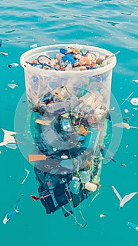 Seaside pollution depicted through floating garbage, highlighting environmental concerns