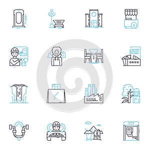 Seaside properties linear icons set. Oceanfront, Beachfront, Coastal, Seaview, Waterfront, Shoreline, Seabreeze line